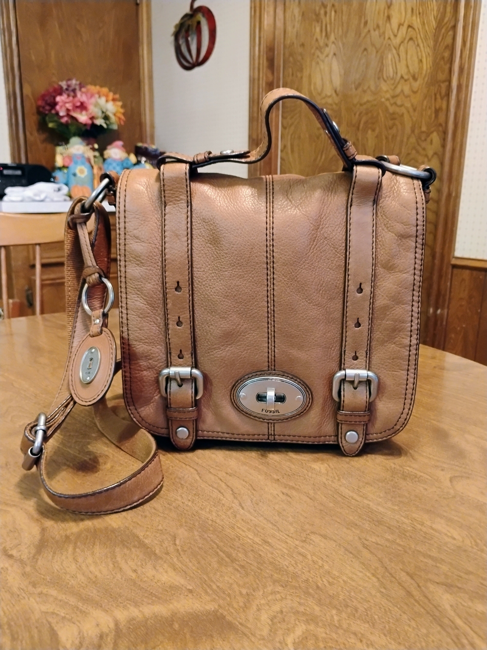 Fossil Cognac Pebble Grain Leather Satchel/Cross Body Bag Turn Lock Zip Buckle